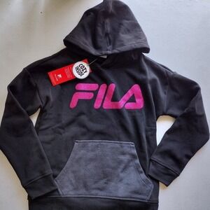 Kids Fila Hoodie Black Pink Glitter Logo Pullover Cozy Inside Size L 14-16
